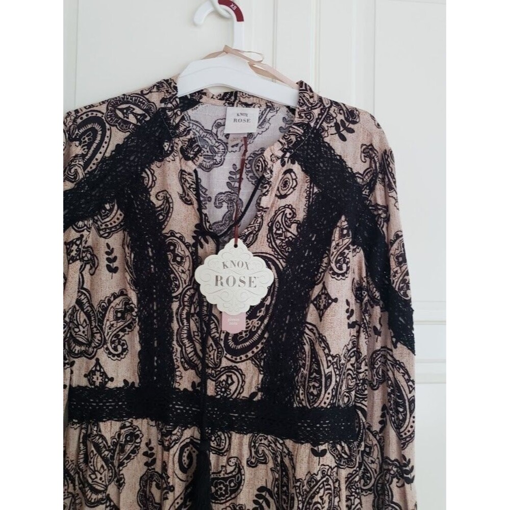 Knox Rose Long Sleeve Boho Black Paisley Crochet Trim Dress - Size XS - NEW - Picture 3 of 6